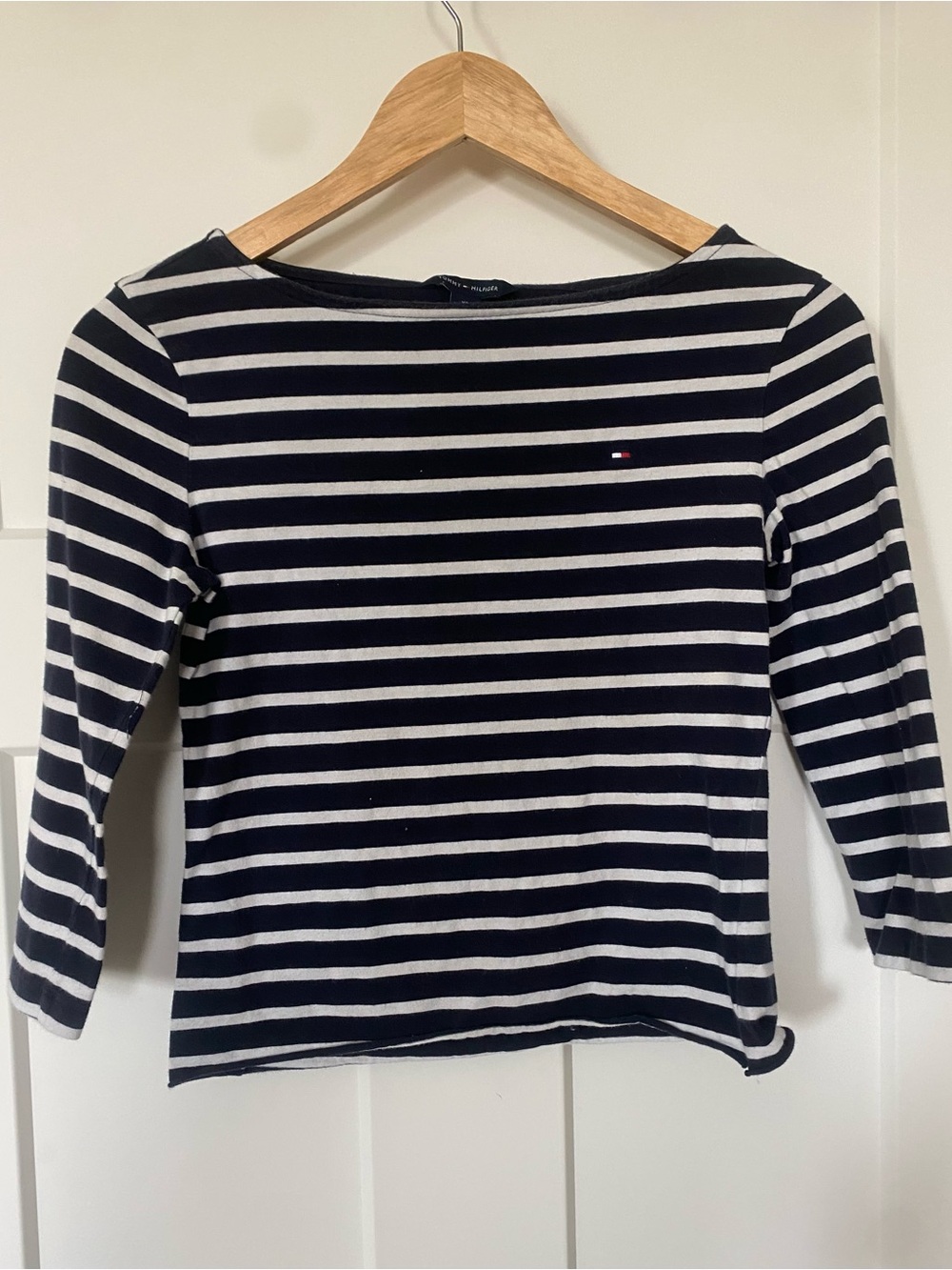 Tommy Hilfiger Navy and White Striped Boatneck Top